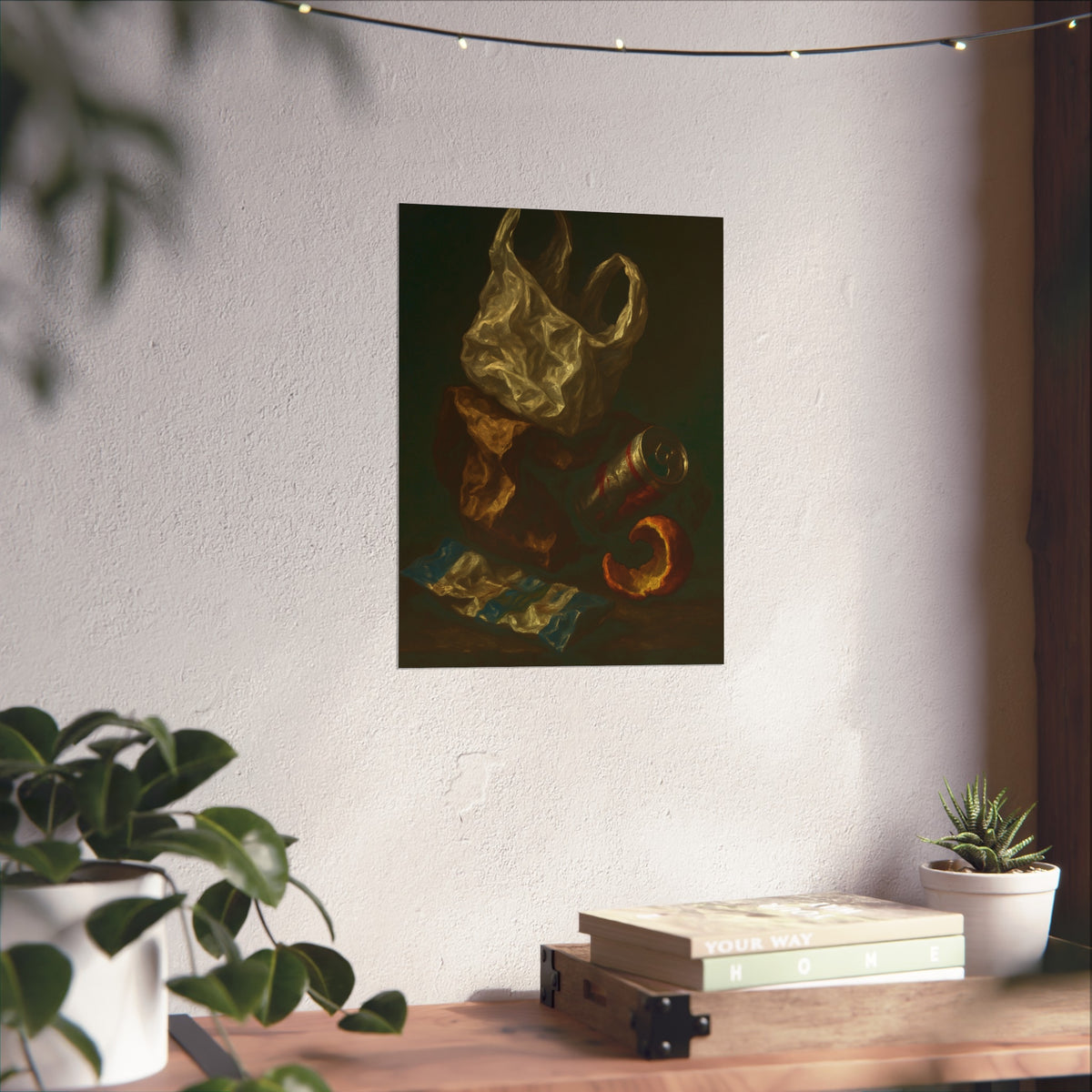 A plastic bag, crushed can and orange peel on a dim table. Still Life with Orange Peel and Resignation by Garabaggio, fine art print hanging in a room.