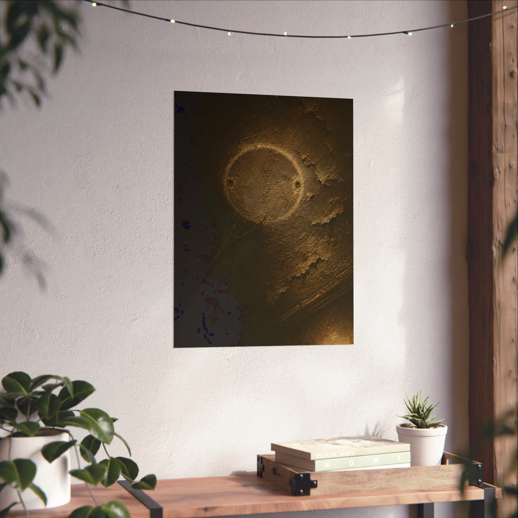 A pale ring and two screw holes on a peeling ceiling where a detector was. The Circle on the Ceiling by Garabaggio, fine art print hanging in a room.