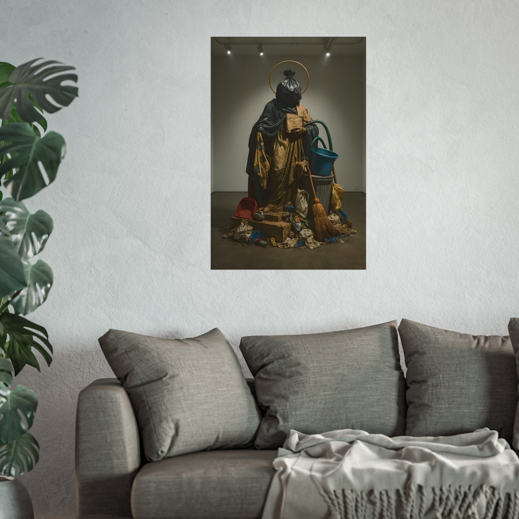 A robed figure with a garbage bag head and gold halo holding a broom. The Custodian Enthroned by Garabaggio, fine art print hanging in a room.