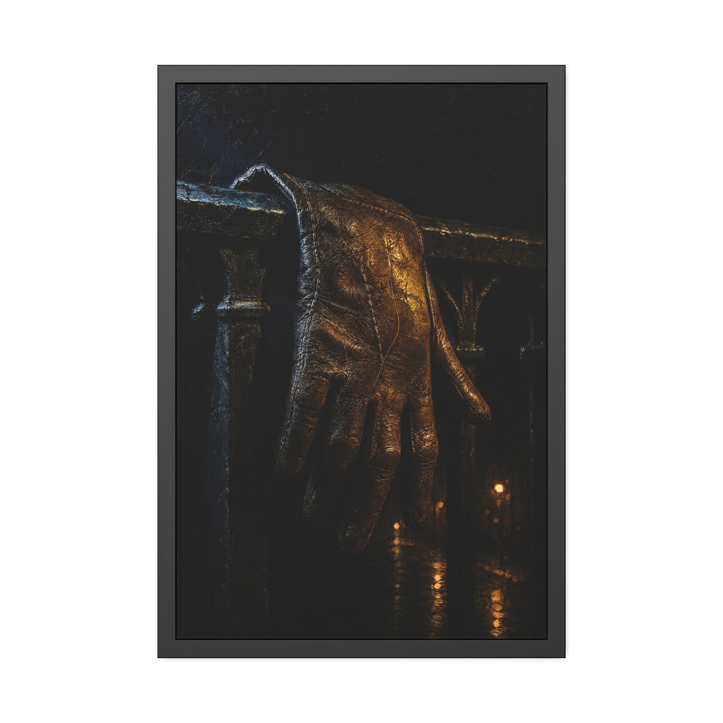 A leather glove draped over an iron railing, fingers hanging. The Repose of the Leather Glove, No. 1 by Garabaggio, framed fine art print hanging in a room.