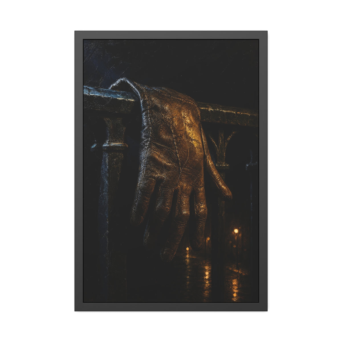 A leather glove draped over an iron railing, fingers hanging. The Repose of the Leather Glove, No. 1 by Garabaggio, framed fine art print hanging in a room.