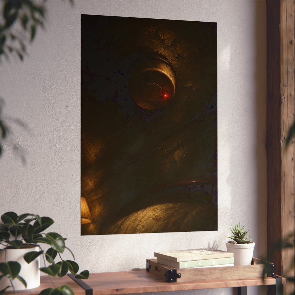 A smoke detector on a stained ceiling, its red light on, cobweb below. The Watch Above Sleep by Garabaggio, fine art print hanging in a room.