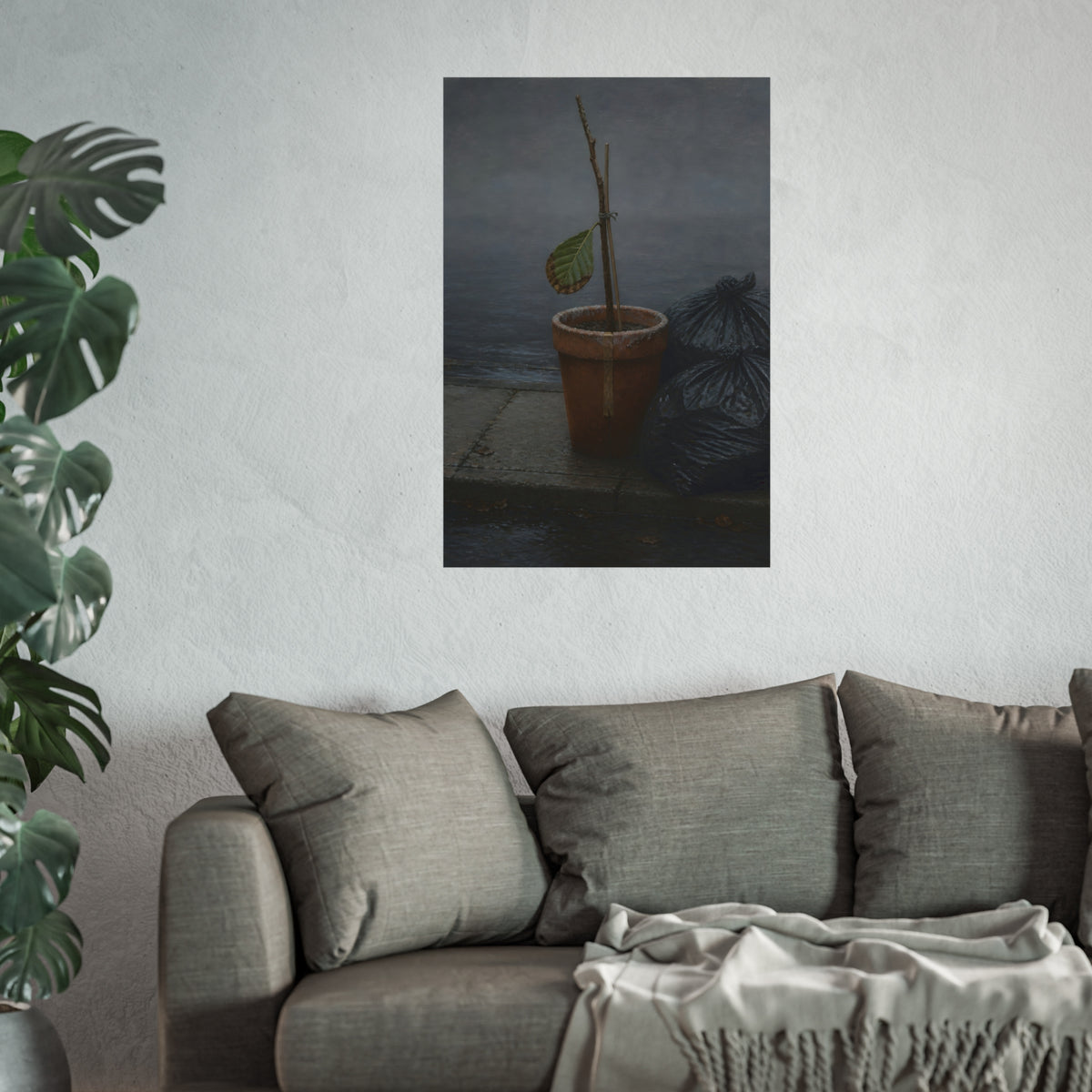 A potted dead twig with one leaf beside black garbage bags on a wet curb. The Curb on Tuesday by Garabaggio, fine art print hanging in a room.