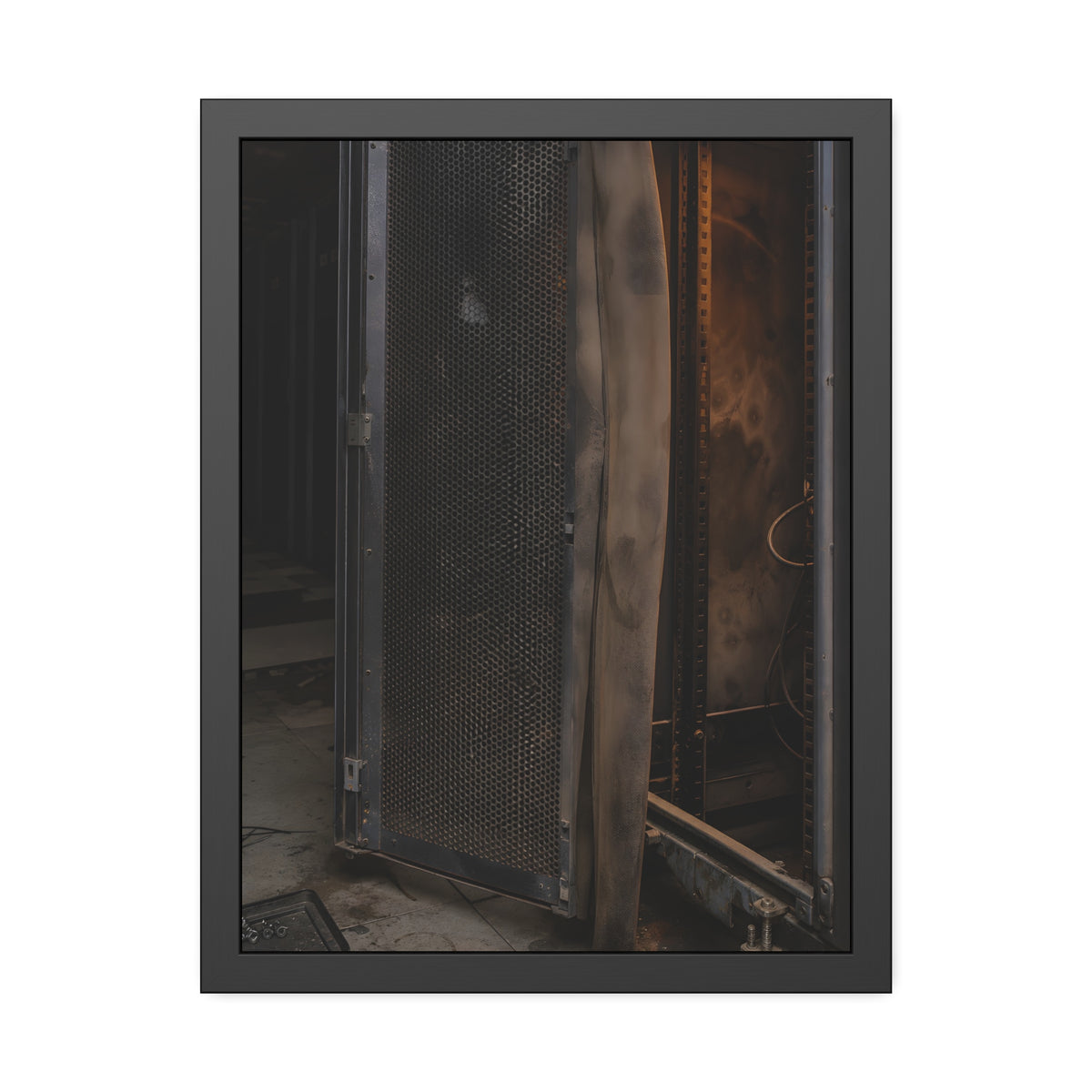 An open server rack cabinet with a mesh door and warm glow inside. The Heat Behind the Doors by Garabaggio, framed fine art print, 18″ x 24″.