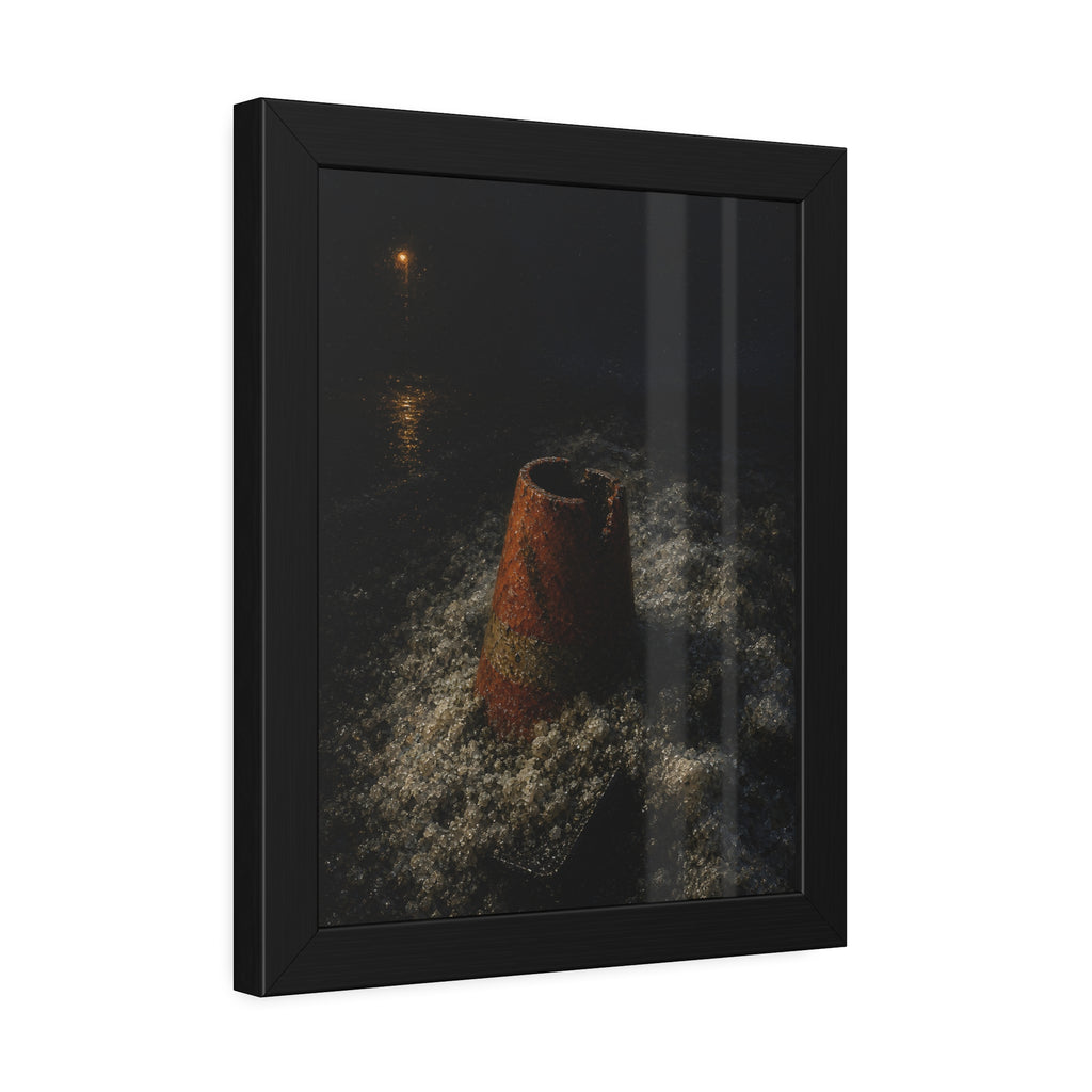An orange traffic cone half buried in road salt under a distant streetlight. The Burial in Road Salt by Garabaggio, framed fine art print hanging in a room.