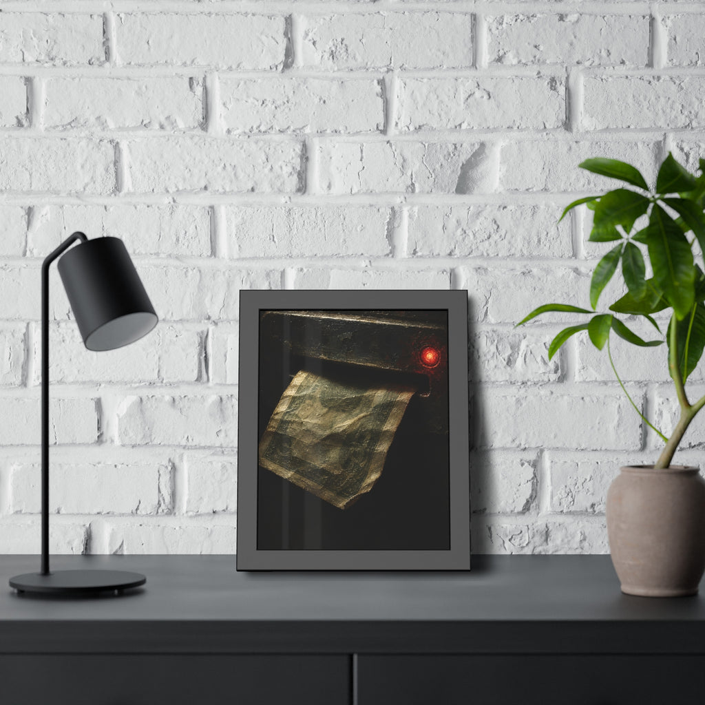 A worn bill pushed back out of a machine slot beside a red light. The Change Machine's Refusal by Garabaggio, framed fine art print hanging in a room.