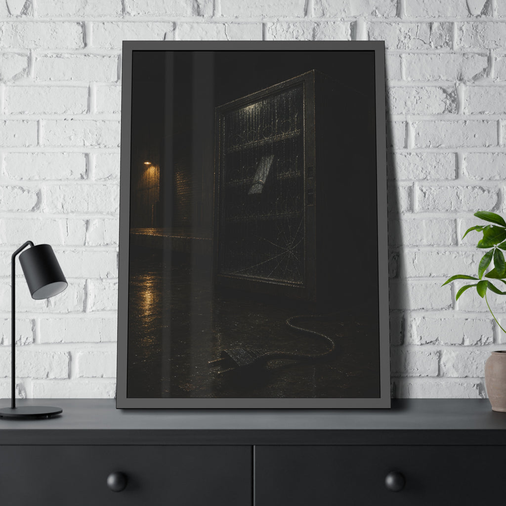 A vending machine in the rain, its cord and plug trailing across wet pavement. The Weathering Outside by Garabaggio, framed fine art print hanging in a room.