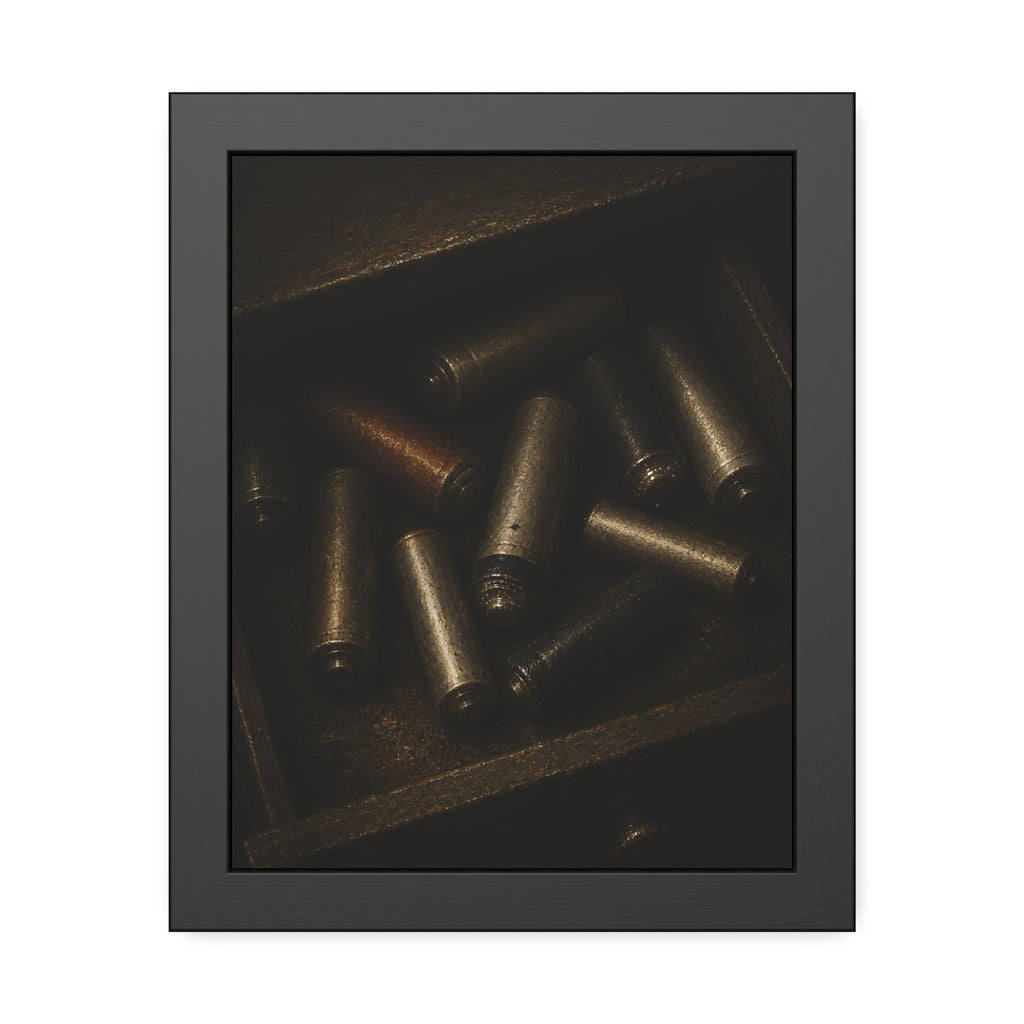 Old batteries loose in an open wooden drawer lit from above. The Drawer Congregation by Garabaggio, framed fine art print, 11″ x 14″.