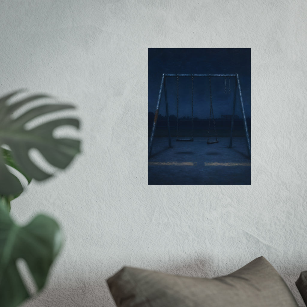 A swing set with two seats and two bare hooks in blue predawn light. The Fifth Hour: The Blue Before by Garabaggio, fine art print hanging in a room.