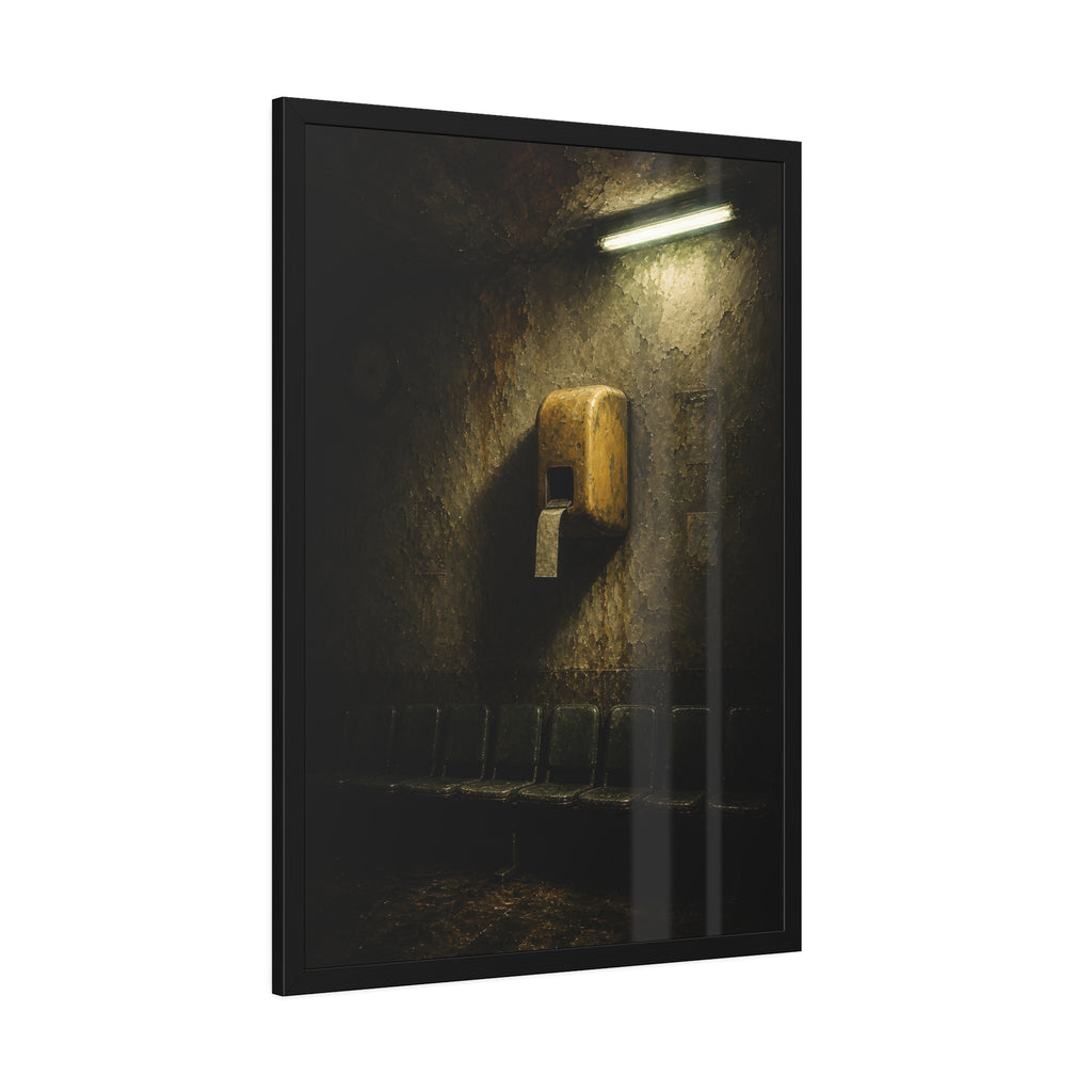 Yellow ticket dispenser on a stained wall above empty seats. Before the First Name by Garabaggio, framed fine art print hanging in a room.