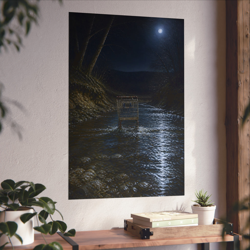 A shopping cart standing in a moonlit creek between dark trees. The Fording of the Creek by Garabaggio, fine art print hanging in a room.
