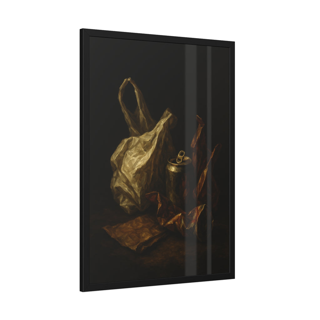 A crumpled plastic bag, crushed can and foil wrappers on a dark table. The Pietà of the Deflated by Garabaggio, framed fine art print hanging in a room.