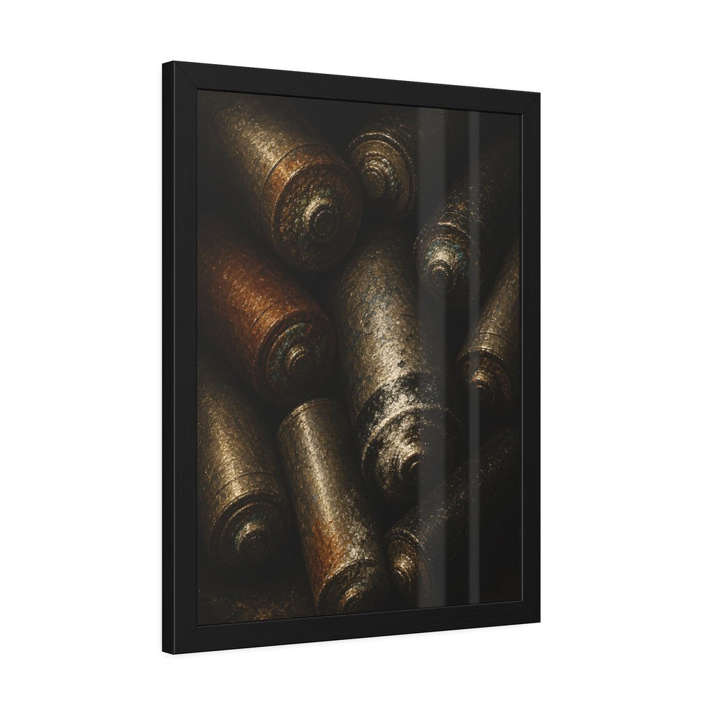 Heap of corroded batteries filling the frame in dim raking light. Chorus of Corrosion by Garabaggio, framed fine art print hanging in a room.