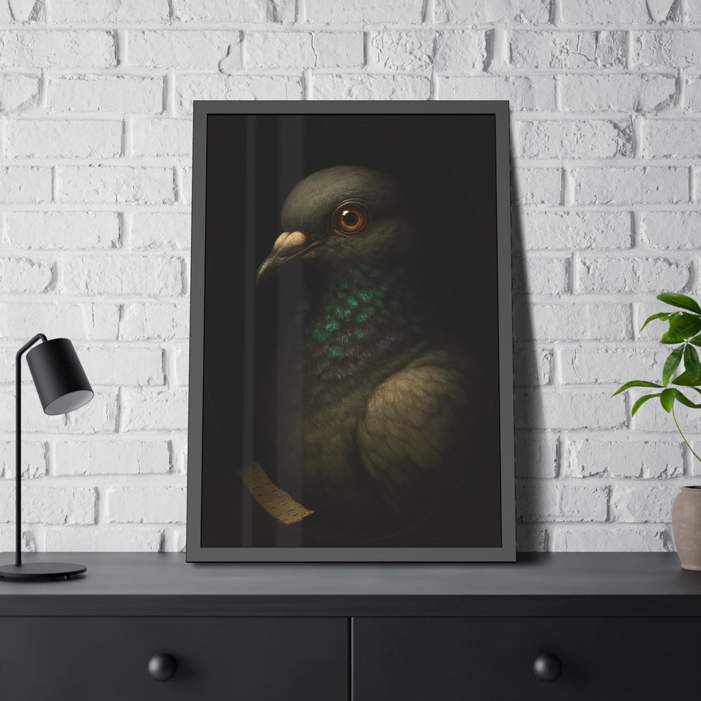 Close portrait of a pigeon with an iridescent green throat. Study of the Holy Messenger, No. 1 by Garabaggio, framed fine art print hanging in a room.
