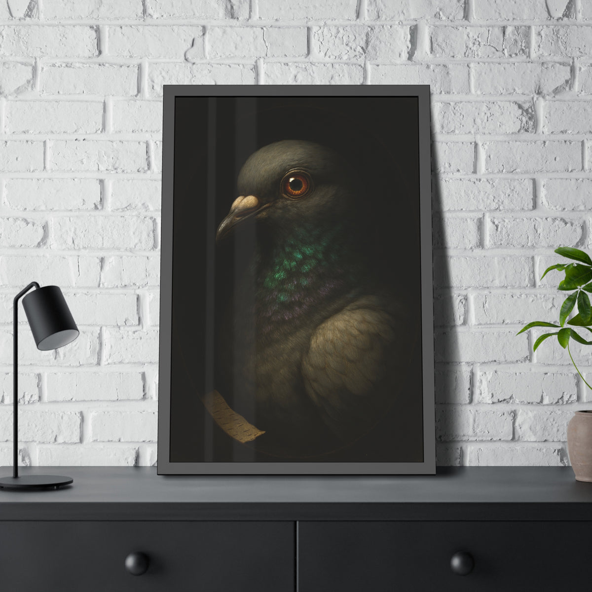 Close portrait of a pigeon with an iridescent green throat. Study of the Holy Messenger, No. 1 by Garabaggio, framed fine art print hanging in a room.