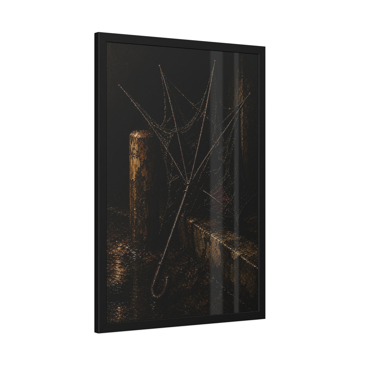A broken umbrella with torn fabric leaning against a post on a wet curb. The Crown of Ribs by Garabaggio, framed fine art print hanging in a room.