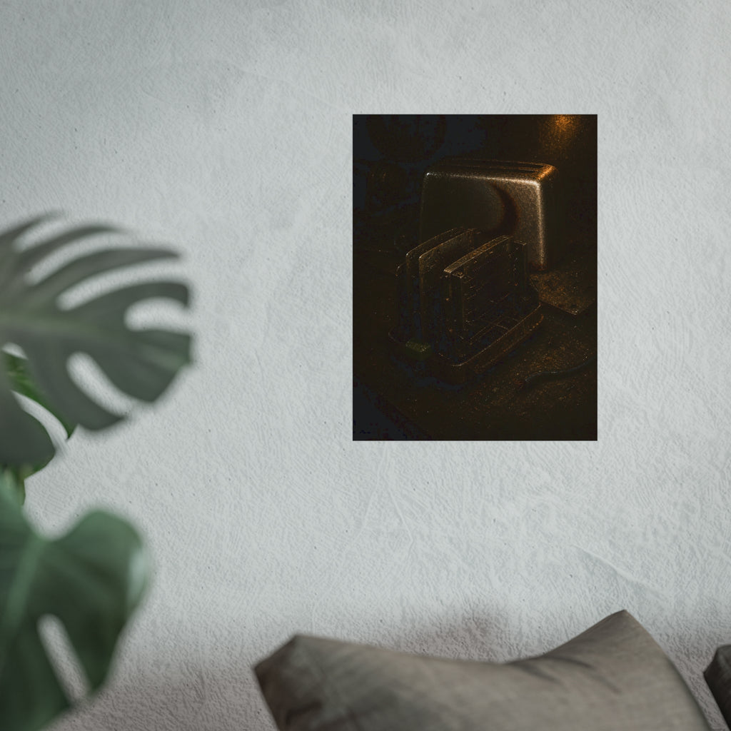 A toaster with its side panel opened to expose the heating elements. The Opening of the Shell by Garabaggio, fine art print hanging in a room.