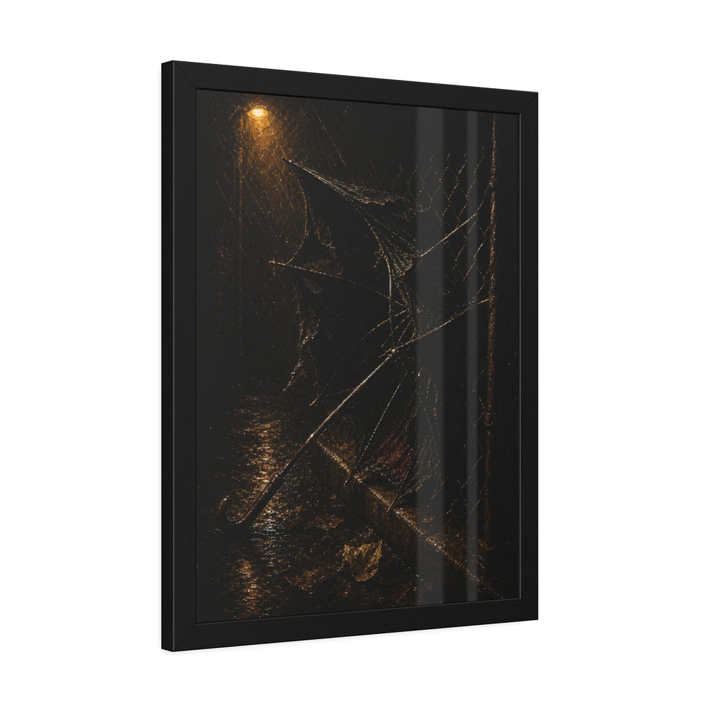 A broken umbrella pinned to a chain link fence under a rainy streetlamp. The Scourging by the Wind by Garabaggio, framed fine art print hanging in a room.