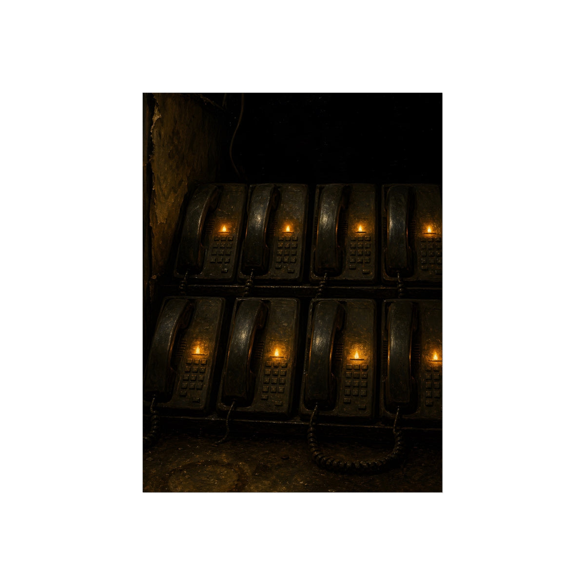 Rows of wall phones, each keypad lit by a small amber flame. The Votive Lights of the Hold Queue by Garabaggio, fine art print, 18″ x 24″.
