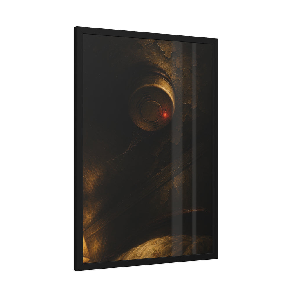 A smoke detector on a stained ceiling, its red light on, cobweb below. The Watch Above Sleep by Garabaggio, framed fine art print hanging in a room.
