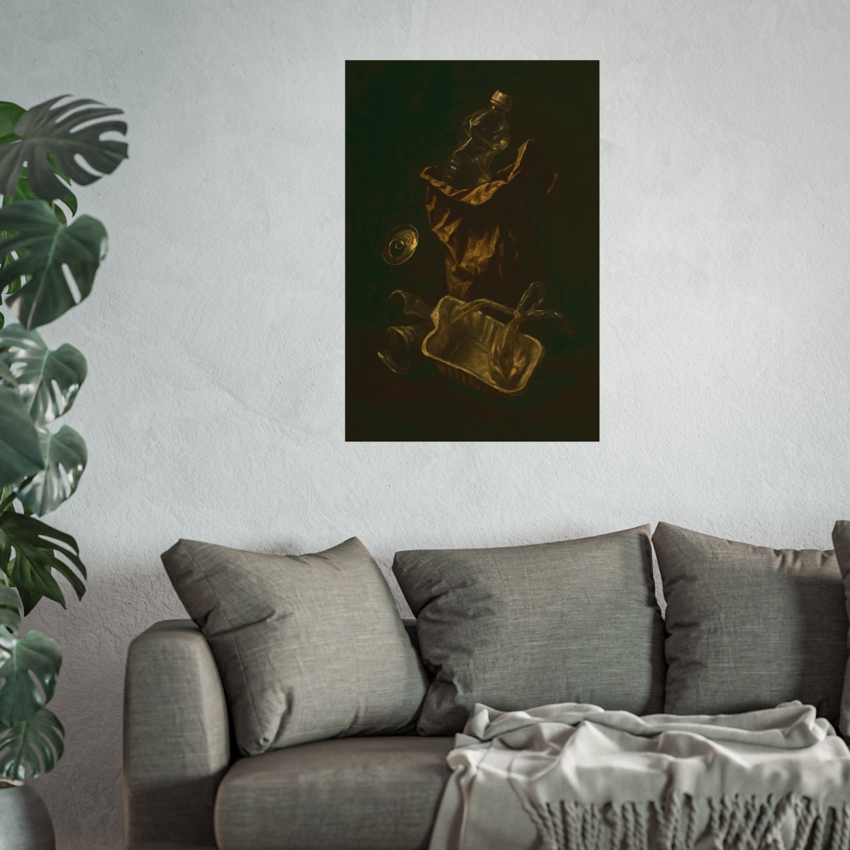 A paper bag, crushed bottle and foil tray lit against deep darkness. Reliquary of the Takeout by Garabaggio, fine art print hanging in a room.