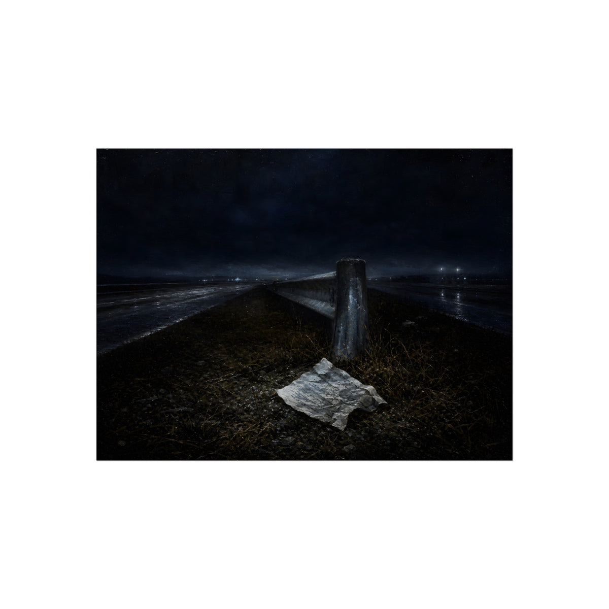 A sheet of paper on a grassy highway median beside a concrete post at night. The Resume on the Median by Garabaggio, fine art print, 16″ x 12″.