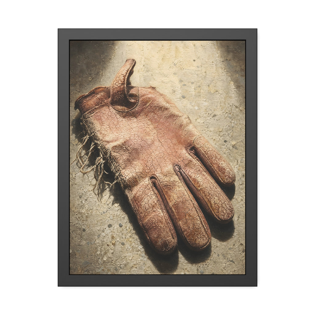 A cracked leather work glove lying on bright sunlit concrete. The Bleaching, Study of a Sun-Tired Glove by Garabaggio, framed fine art print hanging in a room.