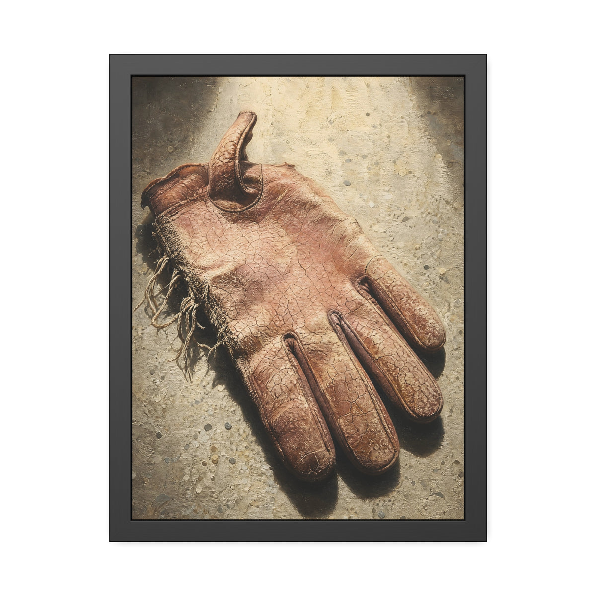 A cracked leather work glove lying on bright sunlit concrete. The Bleaching, Study of a Sun-Tired Glove by Garabaggio, framed fine art print hanging in a room.