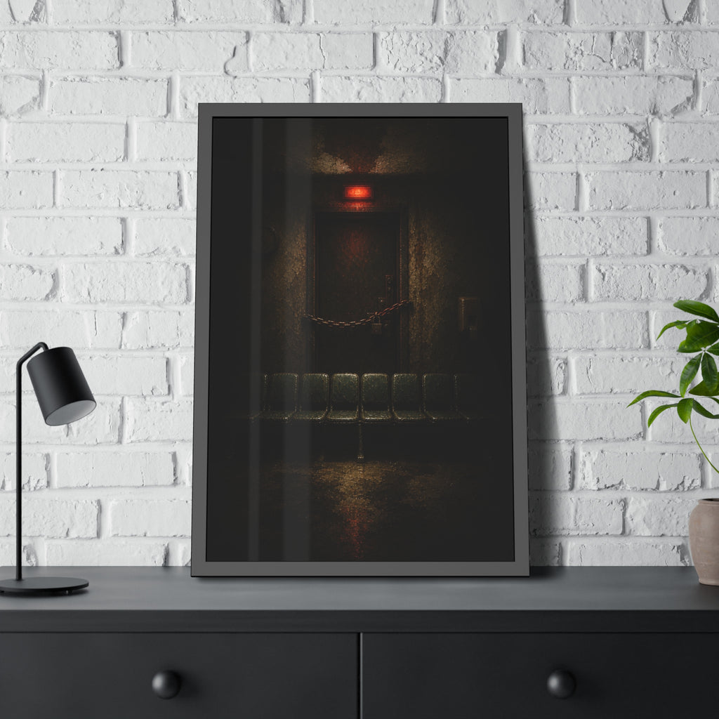 Chained waiting room door under a red exit light, empty seats below. After Closing by Garabaggio, framed fine art print hanging in a room.