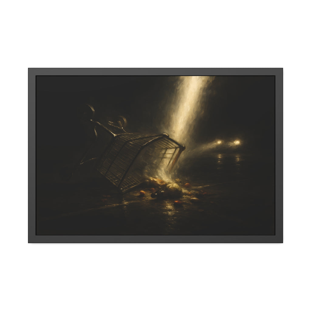 A tipped shopping cart spilling groceries in a shaft of light. The Conversion of the Shopping Cart by Garabaggio, framed fine art print hanging in a room.