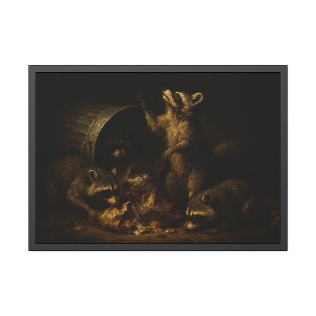 Raccoons around a fallen trash can, one rearing up with a raised paw. The Supper of Shadows by Garabaggio, framed fine art print hanging in a room.