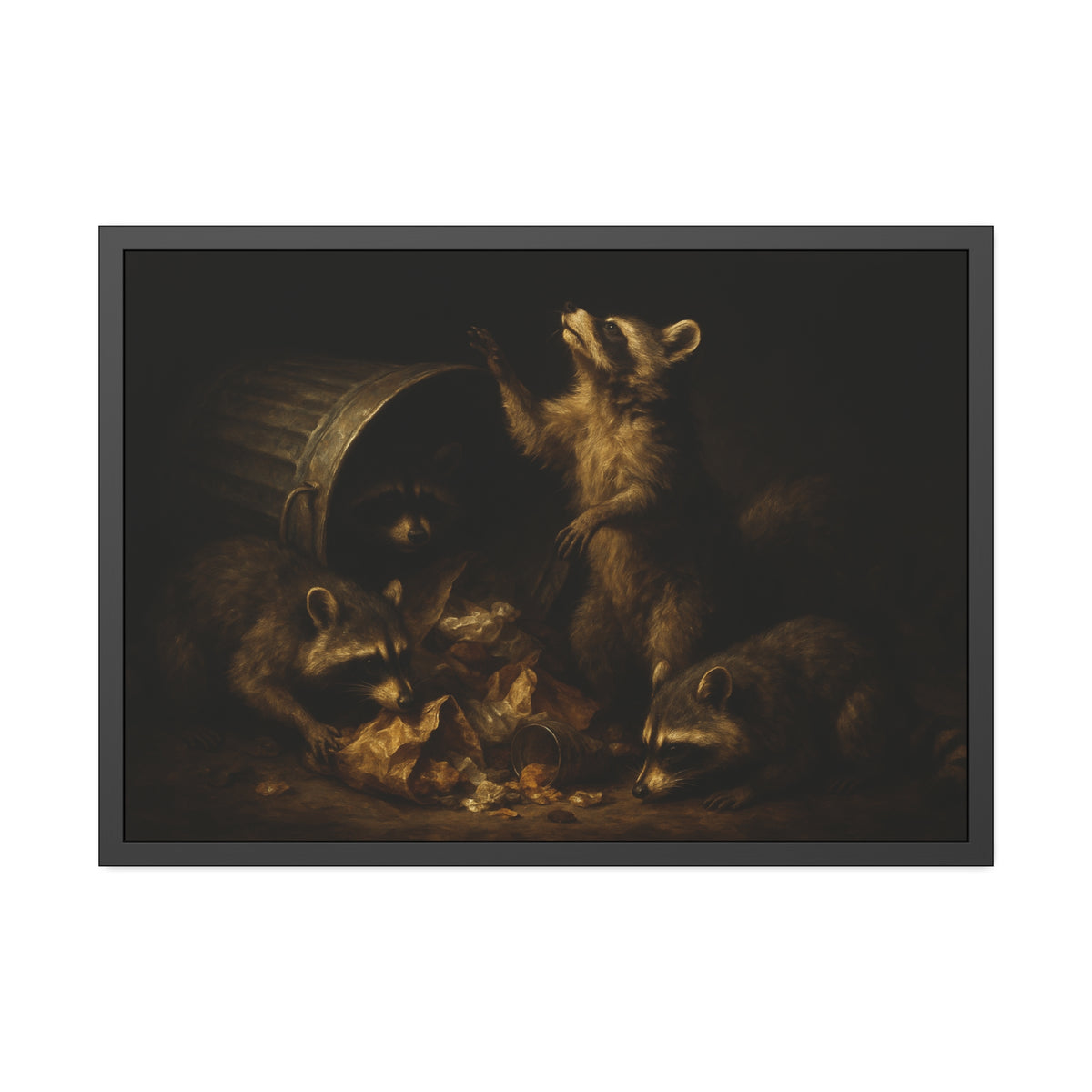 Raccoons around a fallen trash can, one rearing up with a raised paw. The Supper of Shadows by Garabaggio, framed fine art print hanging in a room.