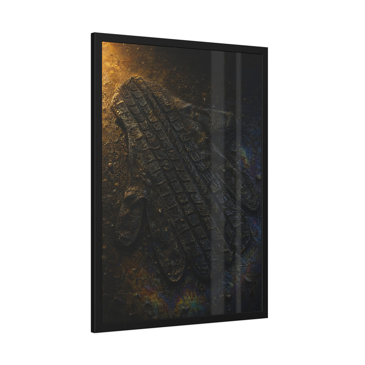 A flattened work glove on asphalt with a tire tread pressed across it. The Passage of the Wheel by Garabaggio, framed fine art print hanging in a room.