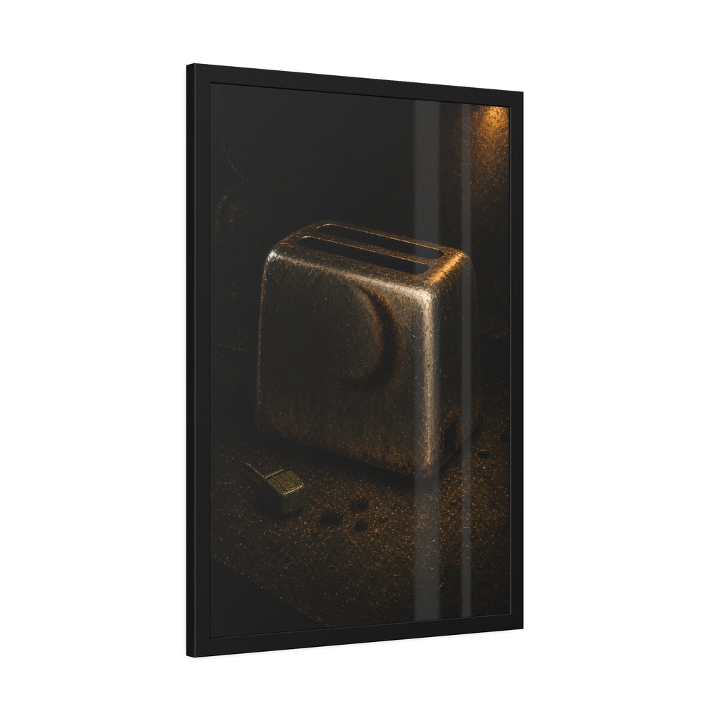 A scorched toaster on a dark counter with crumbs and its plug beside it. Shell Without Heat by Garabaggio, framed fine art print hanging in a room.