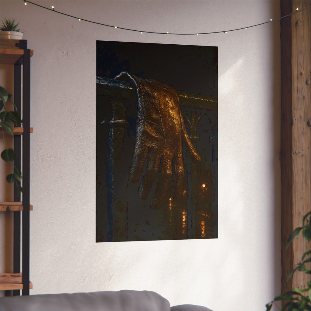 A leather glove draped over an iron railing, fingers hanging. The Repose of the Leather Glove, No. 1 by Garabaggio, fine art print hanging in a room.