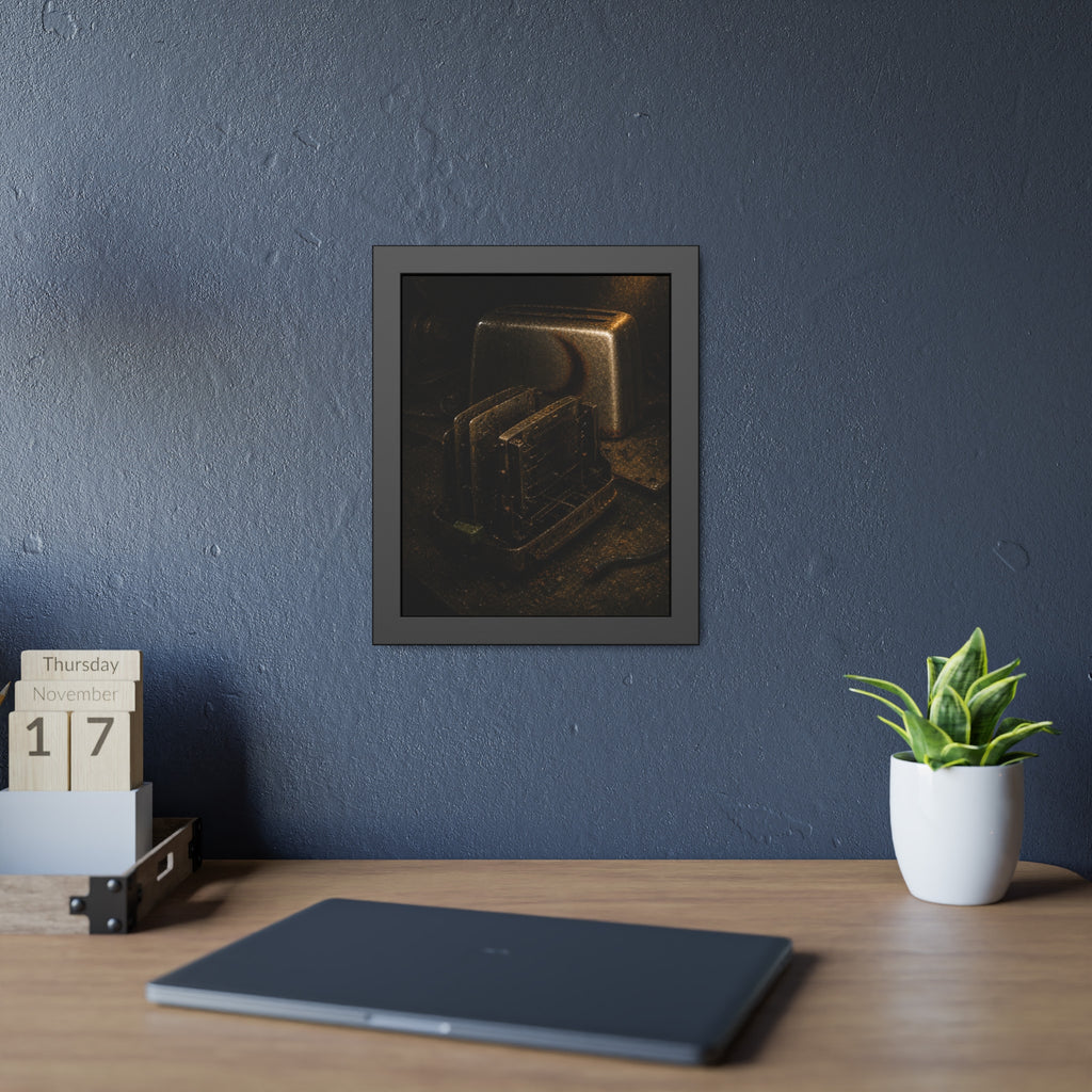 A toaster with its side panel opened to expose the heating elements. The Opening of the Shell by Garabaggio, framed fine art print hanging in a room.