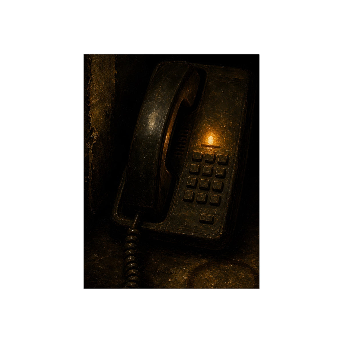 An old desk phone in the dark with one amber line light glowing. The First Ring by Garabaggio, fine art print, 12″ x 16″.