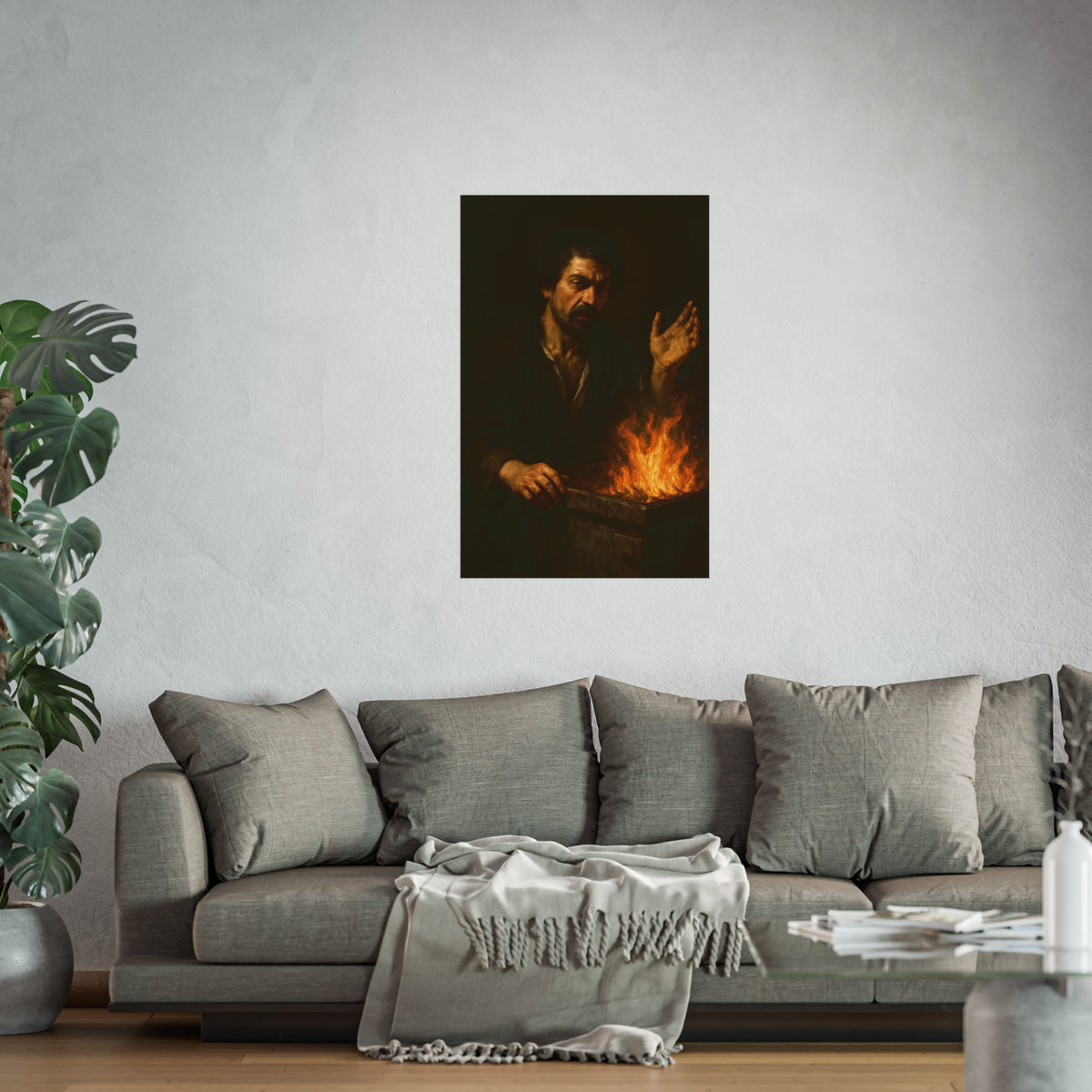 Man holding one hand high over the flames of an open burning bin. Self-Portrait Commanding the Light by Garabaggio, fine art print hanging in a room.