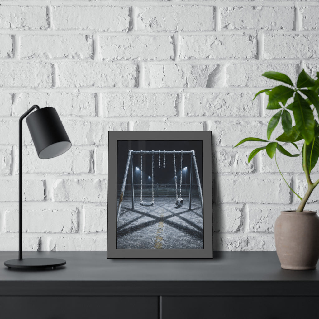 A frost covered swing set on empty asphalt under distant floodlights. The Third Hour: The Coldest Part by Garabaggio, framed fine art print hanging in a room.
