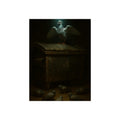 A pigeon with wings spread on a rusted dumpster lid. The Beatification of the Common Pigeon by Garabaggio, fine art print, 12″ x 16″.