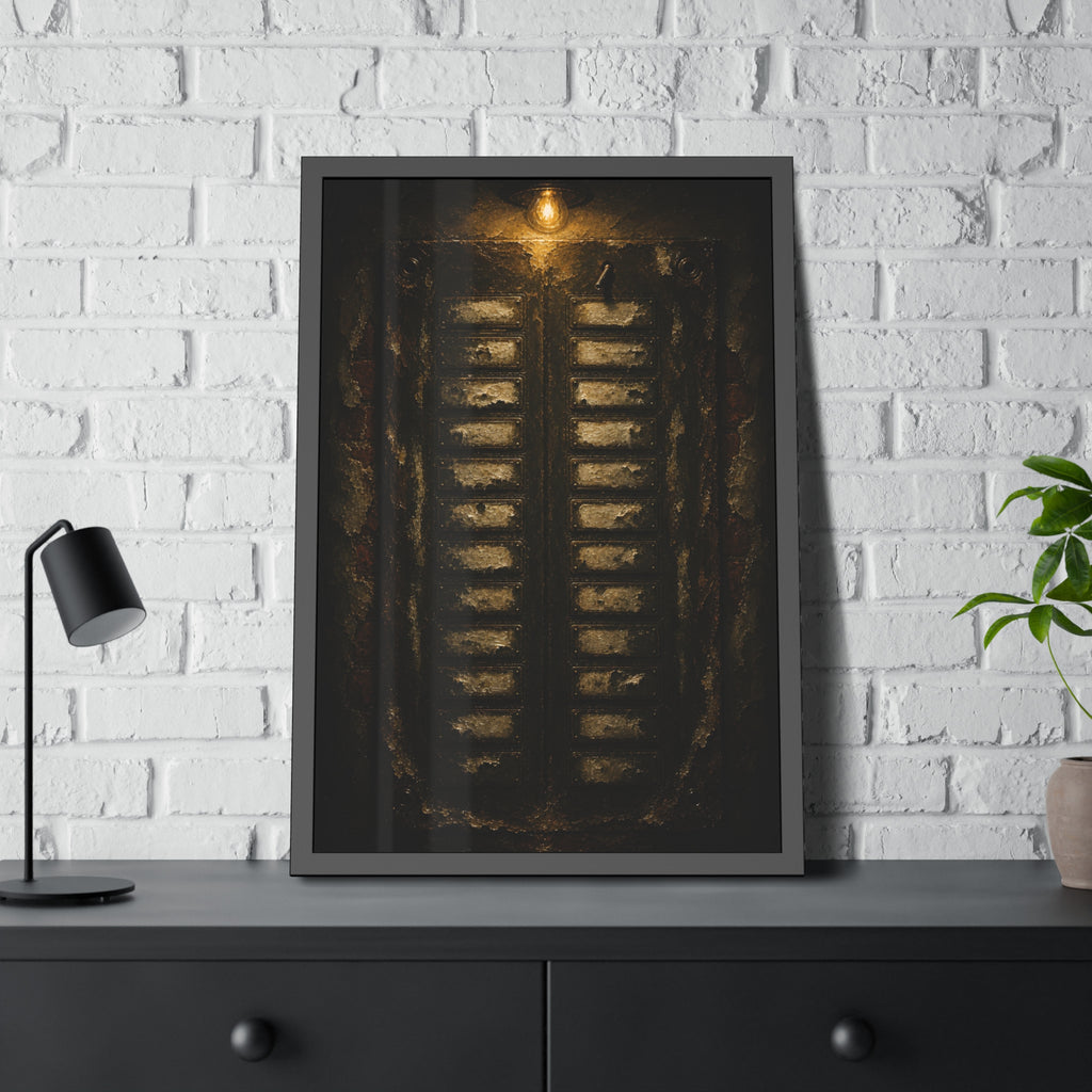 An apartment intercom panel with blank nameplates, lit from above. The Labels Removed by Garabaggio, framed fine art print hanging in a room.
