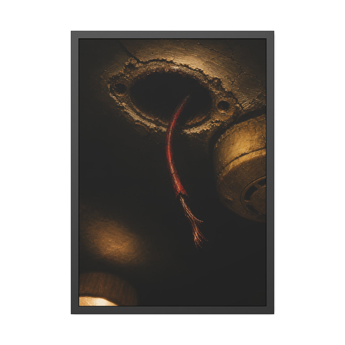 A frayed red wire hanging from a hole in a cracked ceiling. The Loose Red Wire by Garabaggio, framed fine art print, 28″ x 40″.