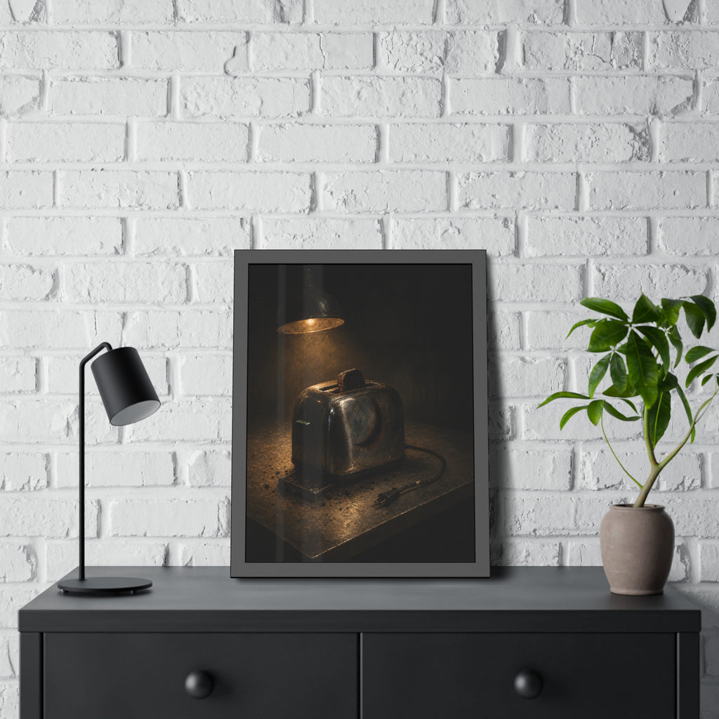 A scorched toaster under a work lamp, burnt toast standing in its slot. The Table of Examination by Garabaggio, framed fine art print hanging in a room.
