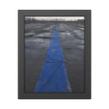A blue tarp laid in a long strip down a wet cracked lot under grey sky. The Long Ground Procession by Garabaggio, framed fine art print, 11″ x 14″.
