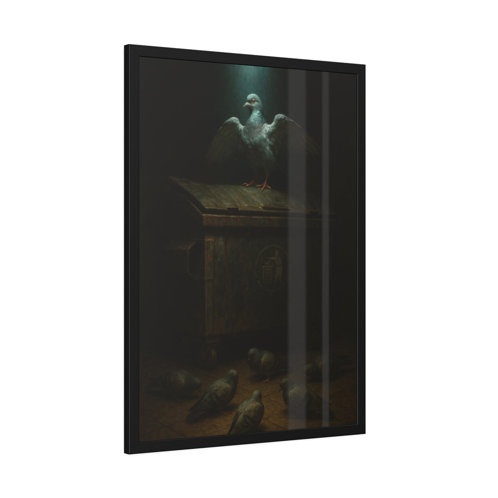 A pigeon with wings spread on a rusted dumpster lid. The Beatification of the Common Pigeon by Garabaggio, framed fine art print hanging in a room.