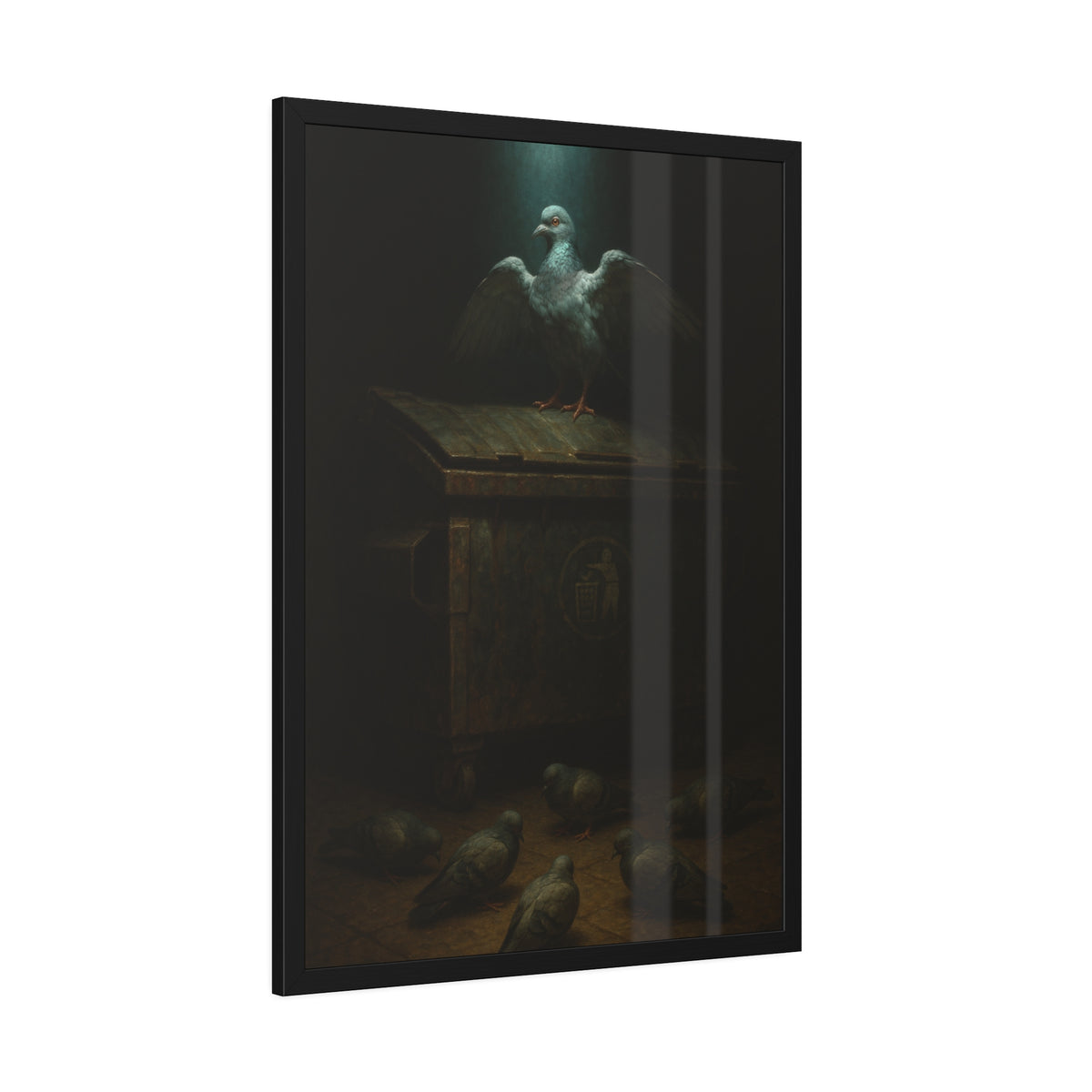 A pigeon with wings spread on a rusted dumpster lid. The Beatification of the Common Pigeon by Garabaggio, framed fine art print hanging in a room.