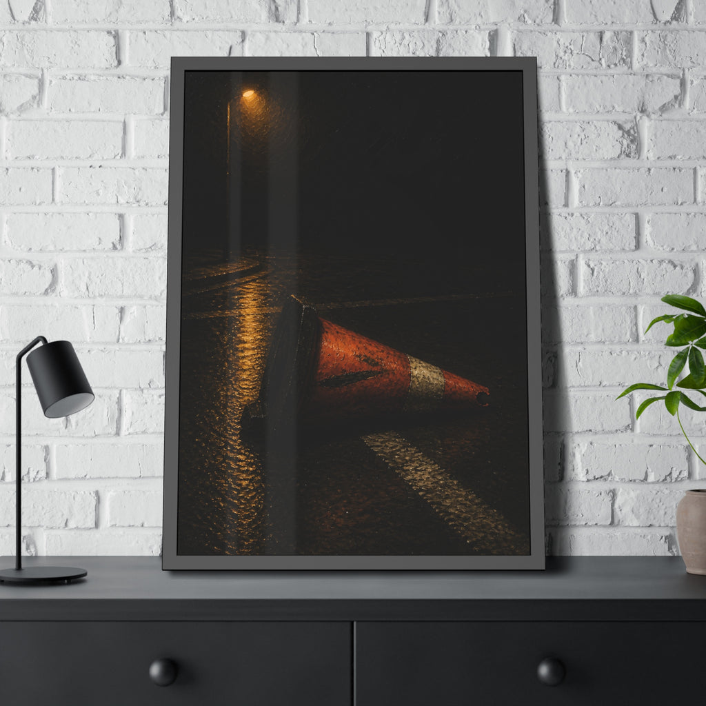 A toppled orange traffic cone on a wet road under a lone streetlight. The Taking by the Bumper by Garabaggio, framed fine art print hanging in a room.