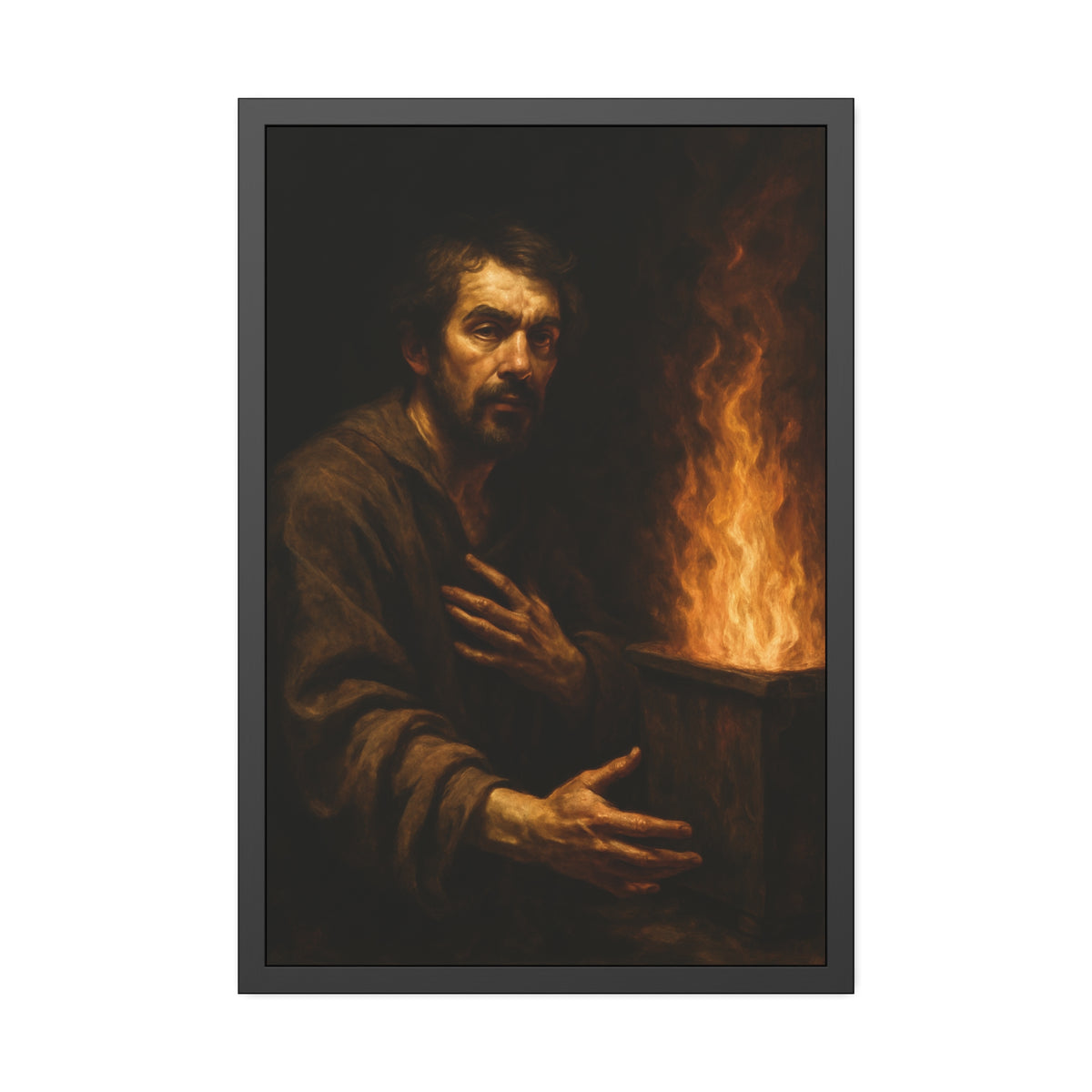 Bearded man with a hand on his chest beside flames rising from a bin. Self-Portrait as a Penitent by Garabaggio, framed fine art print hanging in a room.