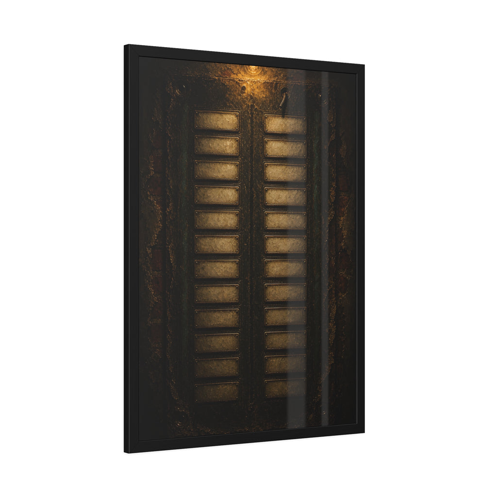 An intercom panel of blank name slots on a weathered building wall. The Names Behind Brass by Garabaggio, framed fine art print hanging in a room.
