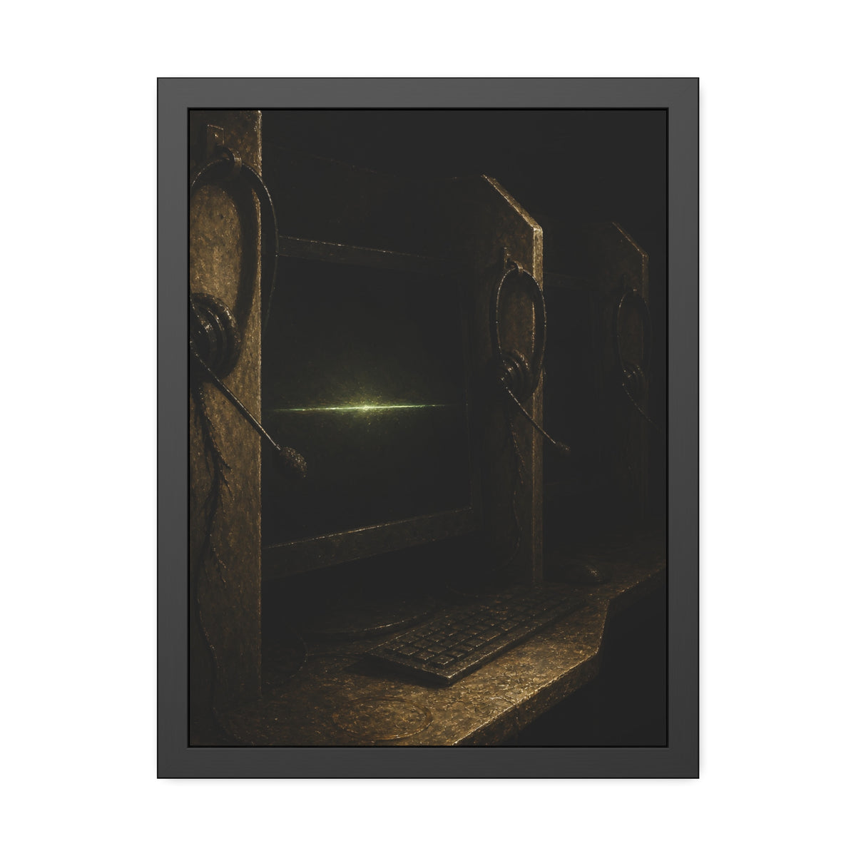 Dark cubicle monitors and a headset, one screen holding a thin green line. Power Down by Rows by Garabaggio, framed fine art print, 18″ x 24″.